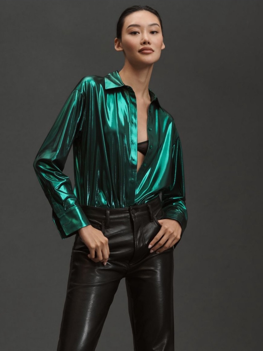 Anthropologie The Gillian Liquid Shine Buttondown Shirt - Holly Green